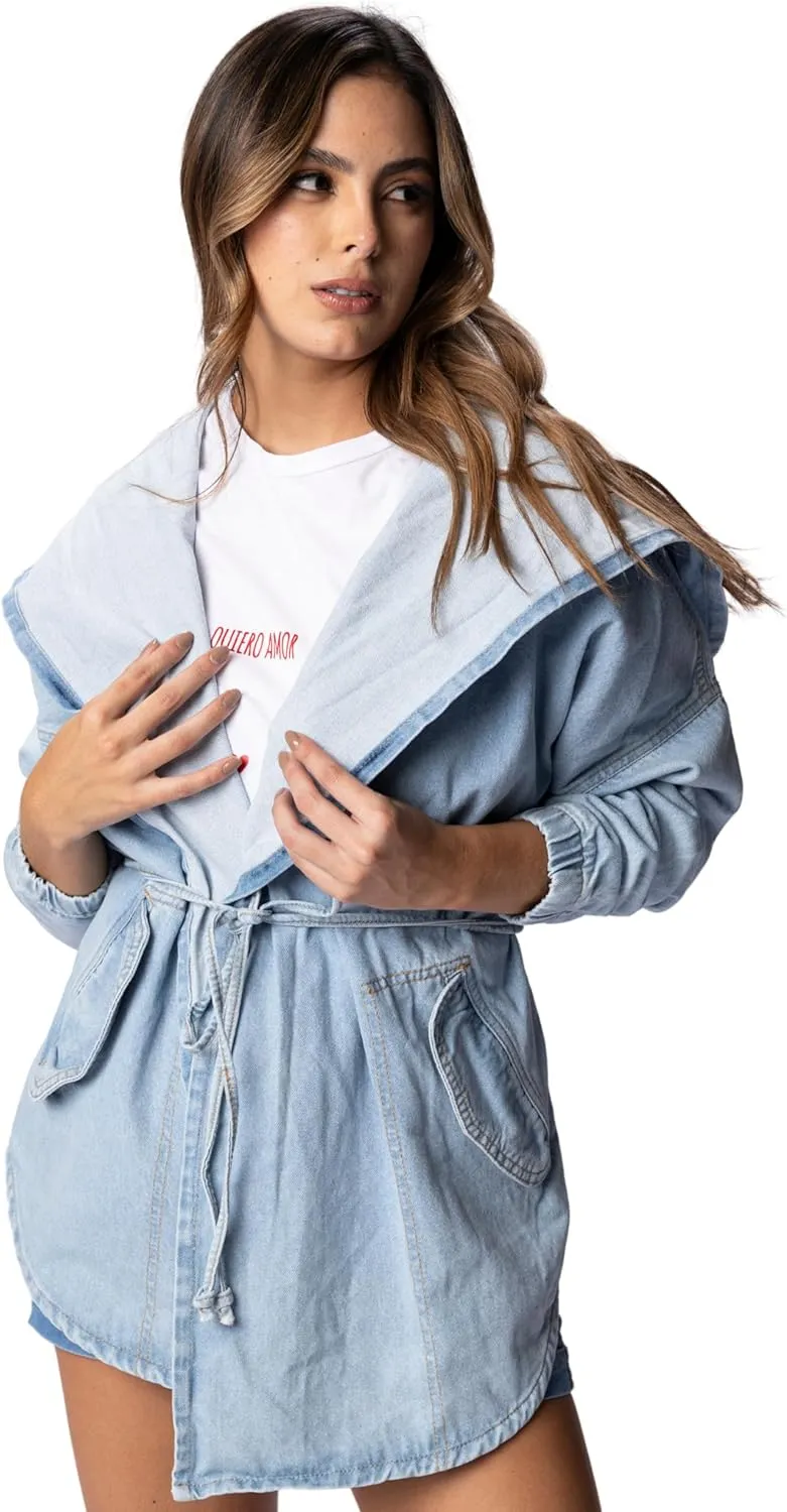 Women´s hoddie denim Jacket Oversized tie waist jean jacket with hood