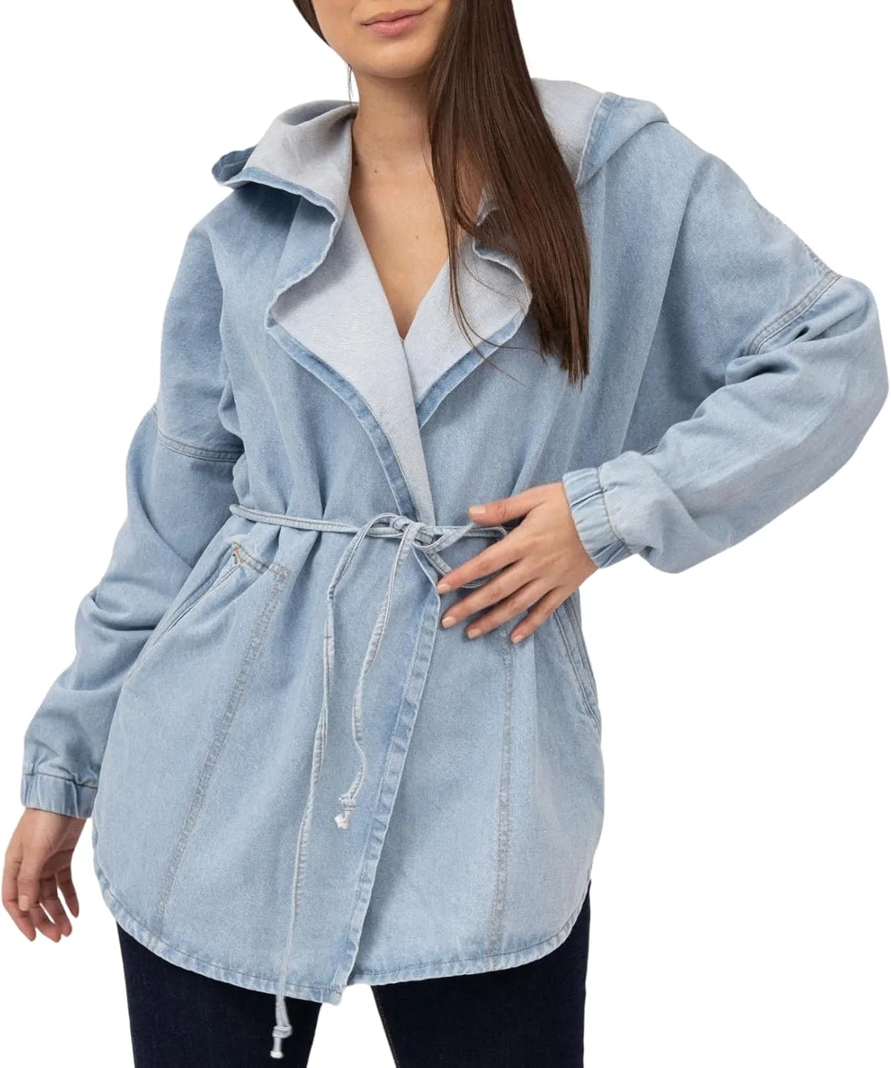 Women´s hoddie denim Jacket Oversized tie waist jean jacket with hood