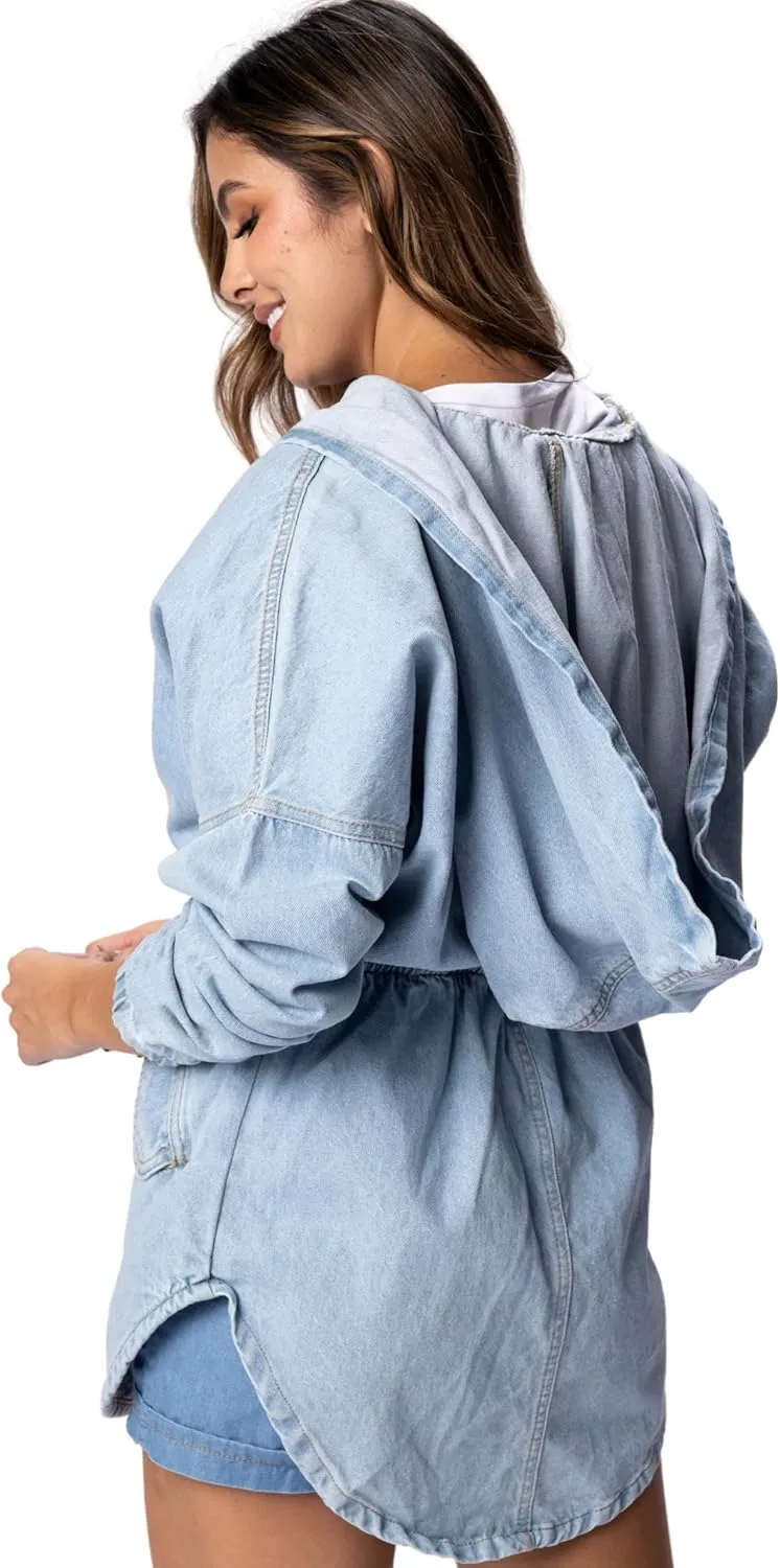 Women´s hoddie denim Jacket Oversized tie waist jean jacket with hood