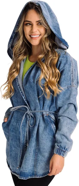Women´s hoddie denim Jacket Oversized tie waist jean jacket with hood