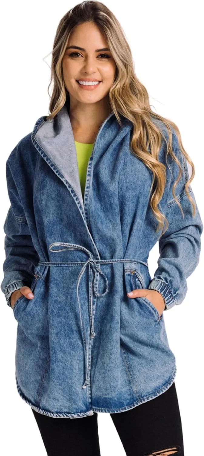 Women´s hoddie denim Jacket Oversized tie waist jean jacket with hood