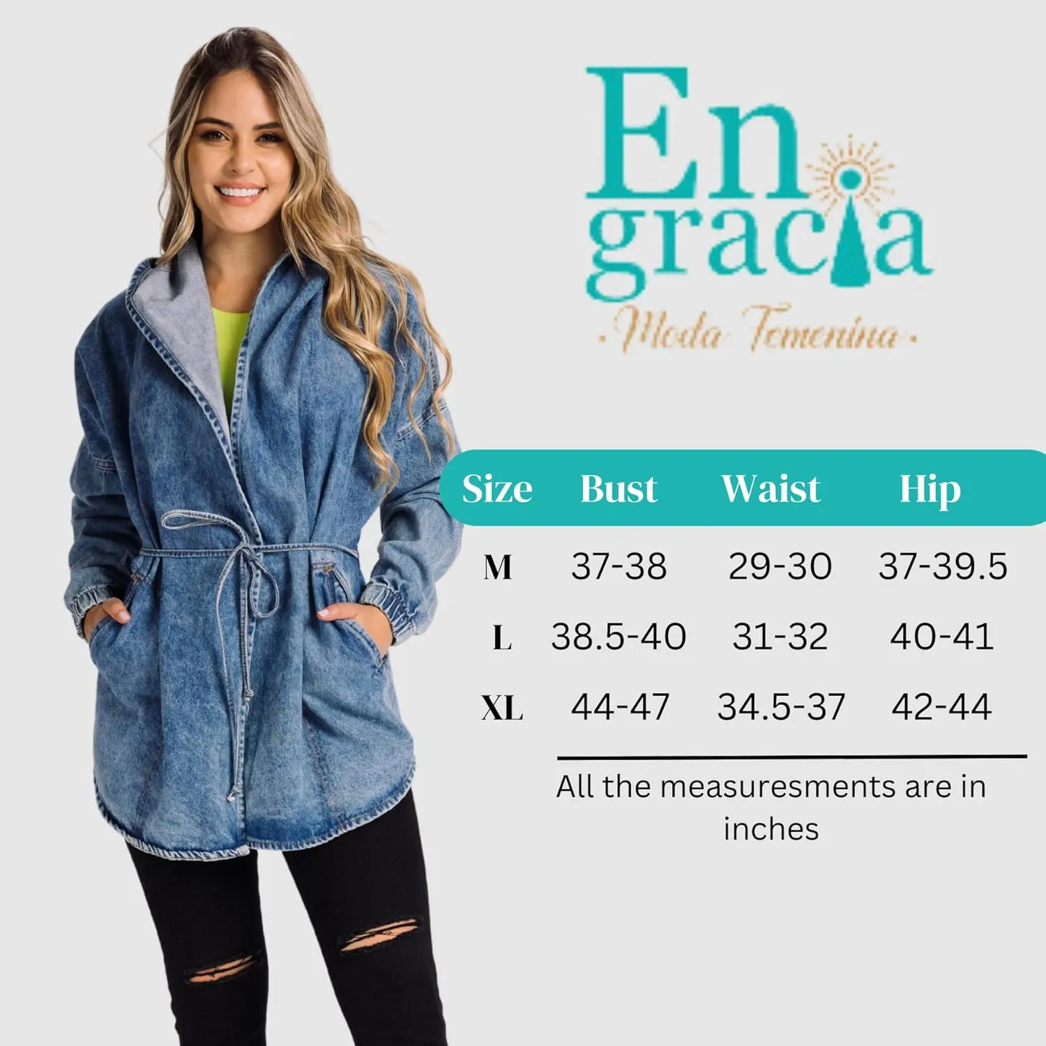 Women´s hoddie denim Jacket Oversized tie waist jean jacket with hood