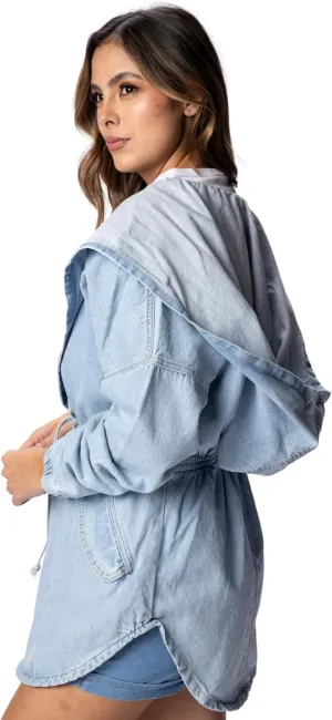 Women´s hoddie denim Jacket Oversized tie waist jean jacket with hood