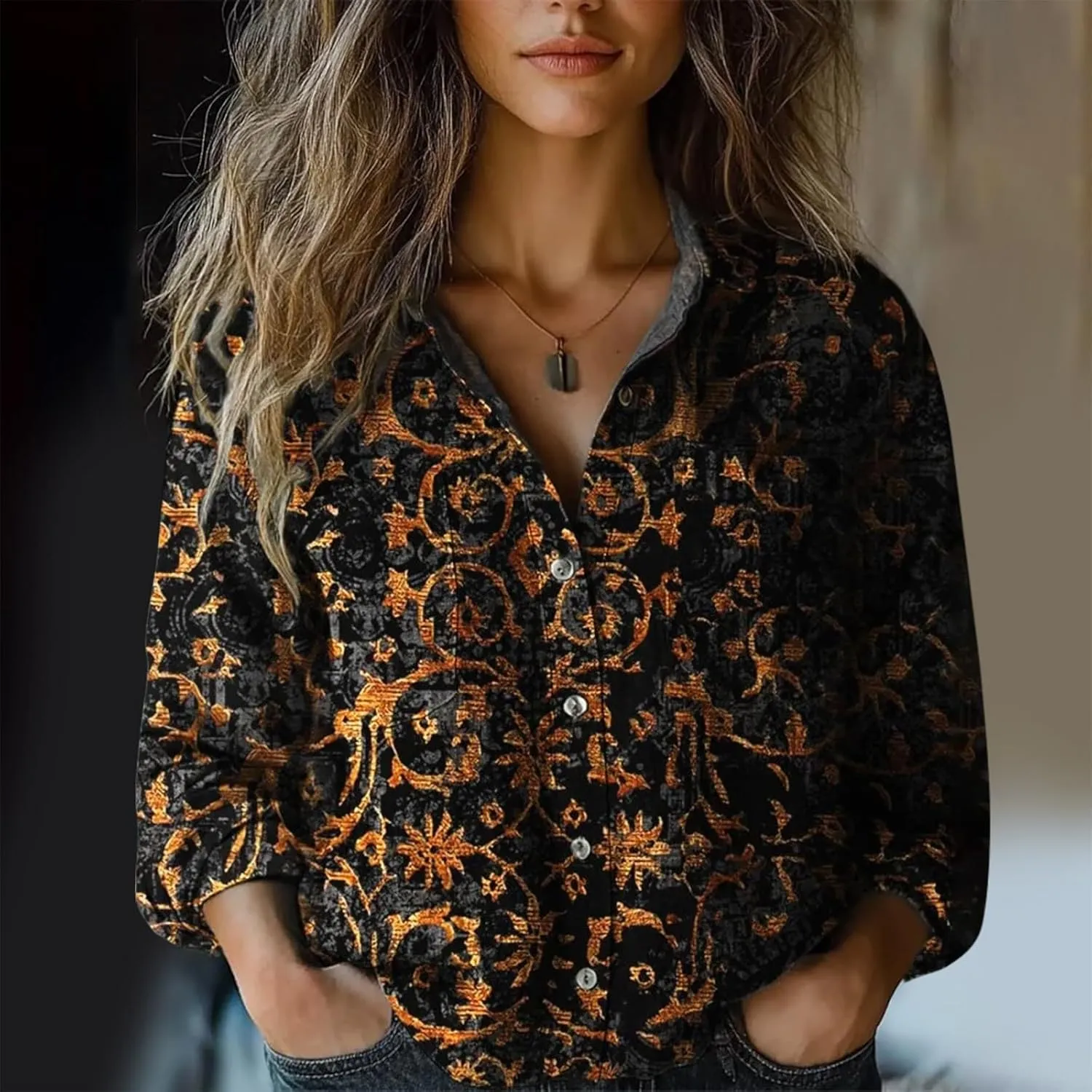 Womens Linen Button Down Shirts Long Sleeve V Neck Boho Floral Graphic Tops Collared Loose Fit Summer Casual Blouses