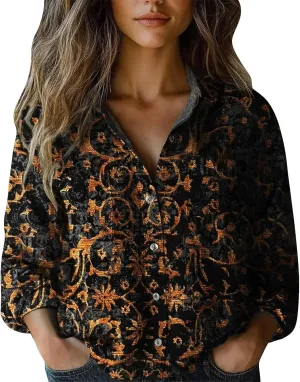 Womens Linen Button Down Shirts Long Sleeve V Neck Boho Floral Graphic Tops Collared Loose Fit Summer Casual Blouses