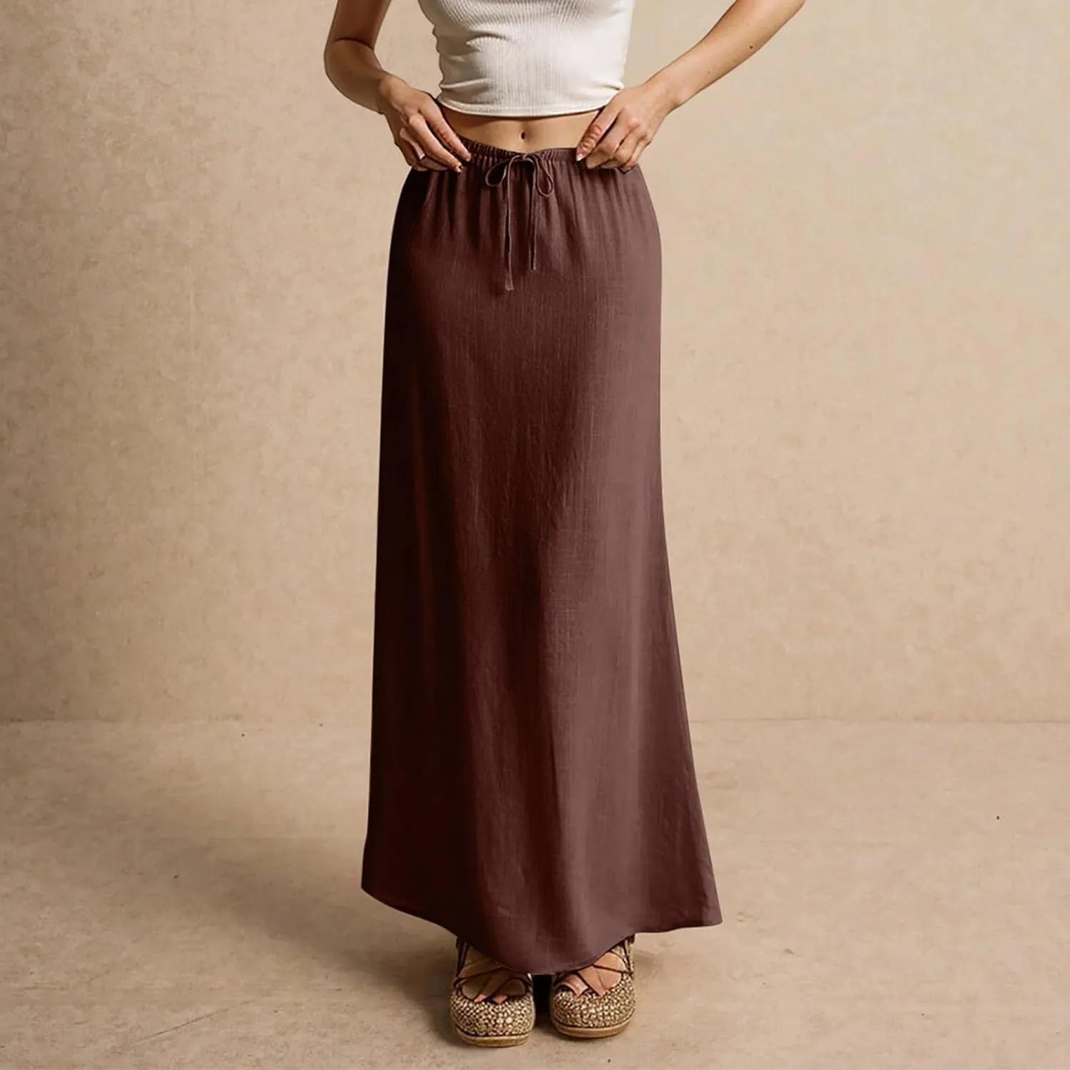 Womens Linen Maxi Skirt Drawstring Low Rise Long Skirts Solid Lightweight Summer Casual Cover Up Beach A Line Skirts