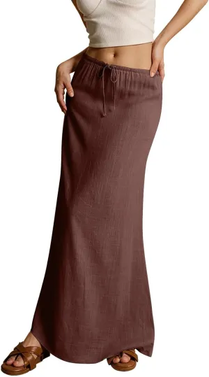 Womens Linen Maxi Skirt Drawstring Low Rise Long Skirts Solid Lightweight Summer Casual Cover Up Beach A Line Skirts