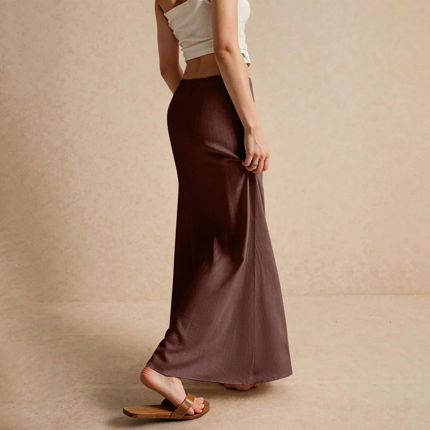 Womens Linen Maxi Skirt Drawstring Low Rise Long Skirts Solid Lightweight Summer Casual Cover Up Beach A Line Skirts