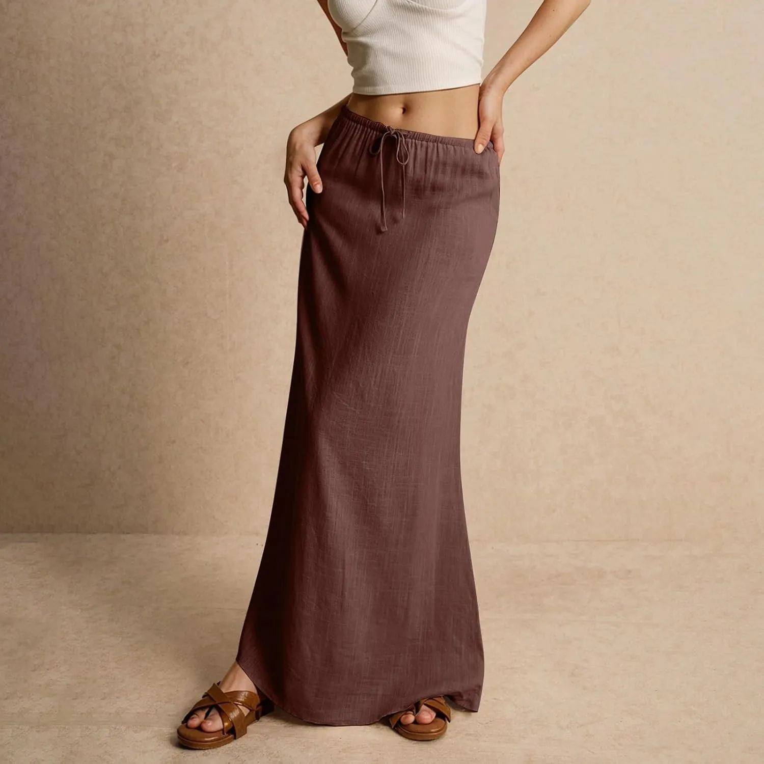 Womens Linen Maxi Skirt Drawstring Low Rise Long Skirts Solid Lightweight Summer Casual Cover Up Beach A Line Skirts