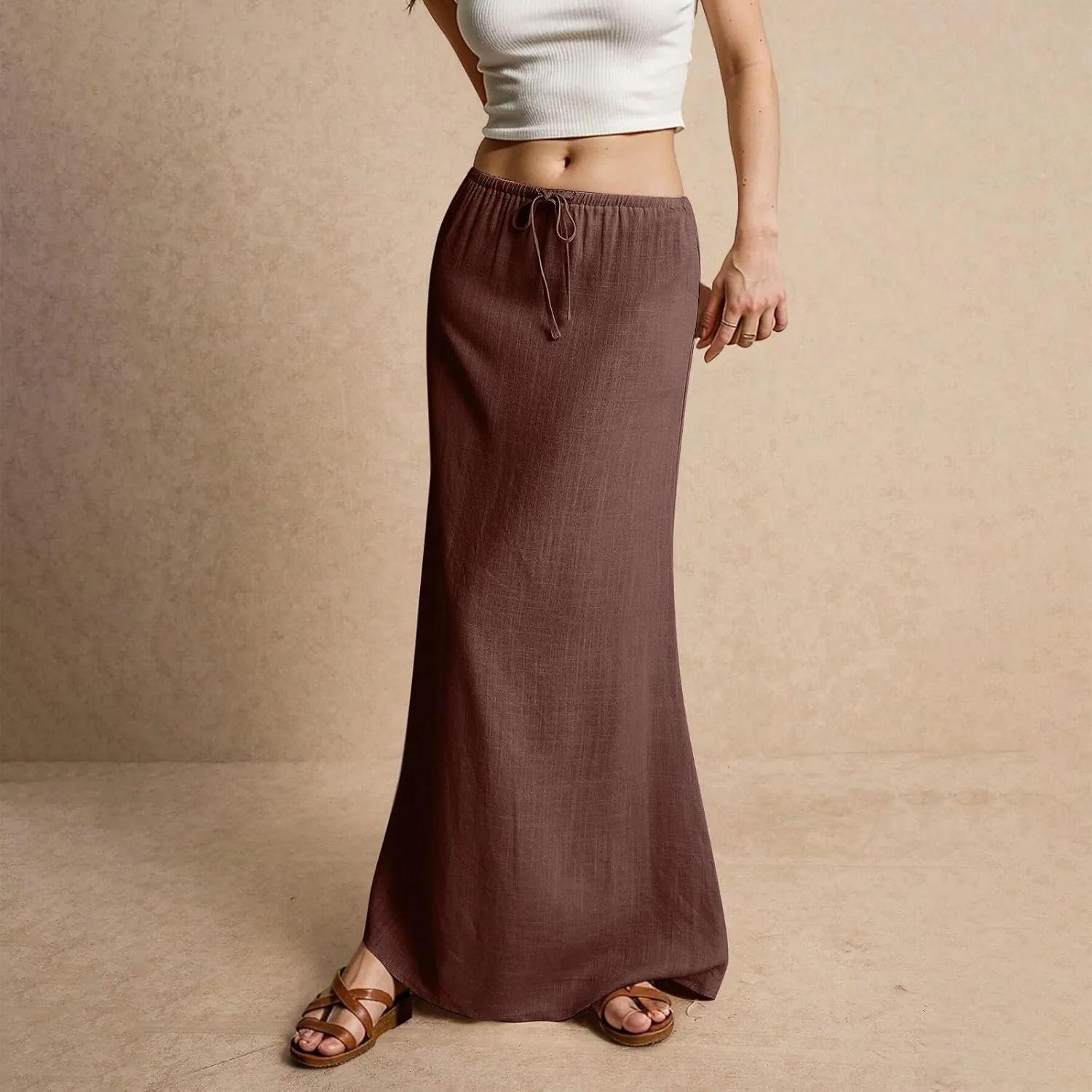 Womens Linen Maxi Skirt Drawstring Low Rise Long Skirts Solid Lightweight Summer Casual Cover Up Beach A Line Skirts