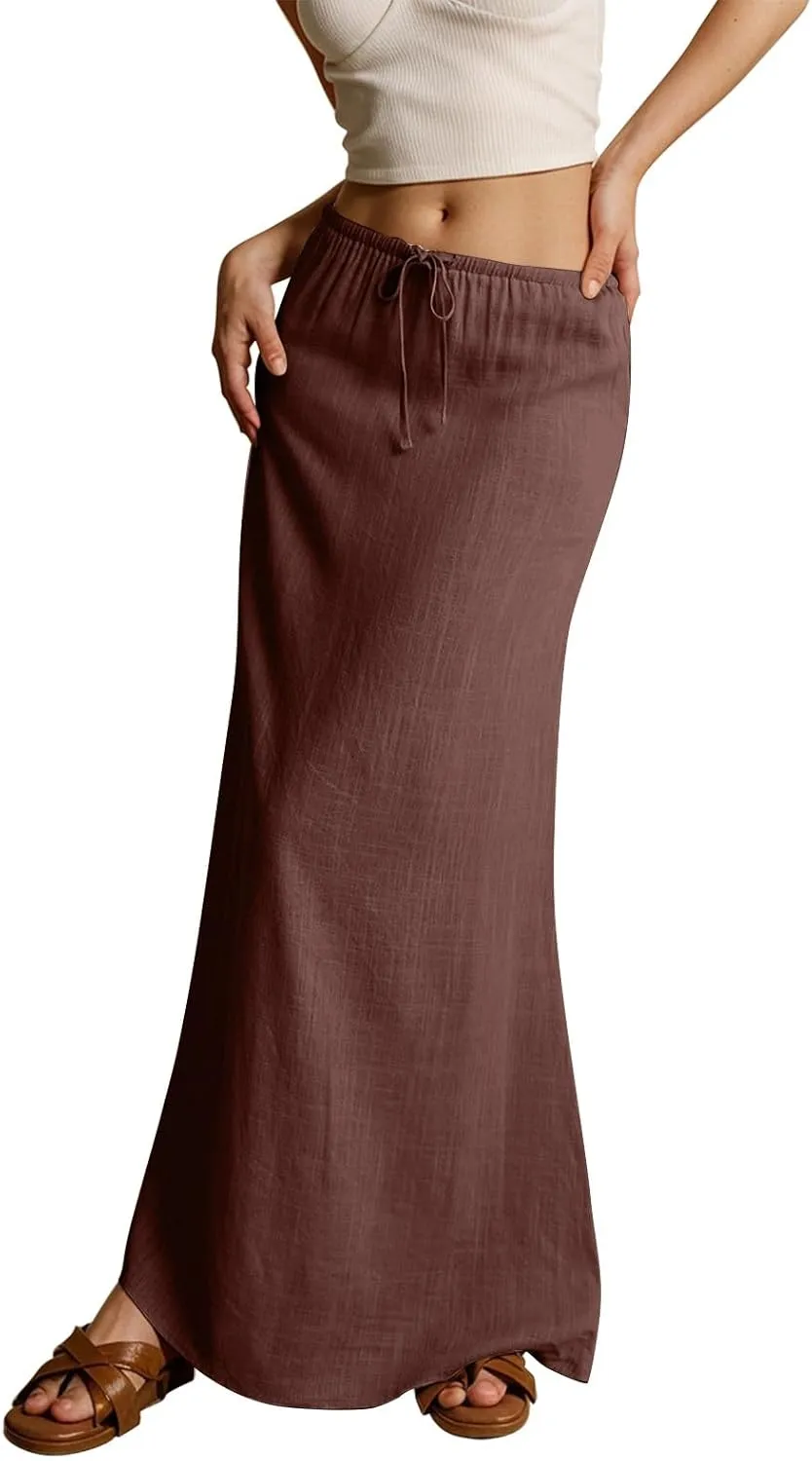 Womens Linen Maxi Skirt Drawstring Low Rise Long Skirts Solid Lightweight Summer Casual Cover Up Beach A Line Skirts