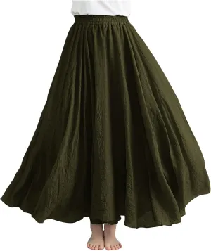Women's Linen Maxi Skirts High Waist Ankle Length Skirt Solid Color Loose Casual Skirt Summer Flowy Long Skirts
