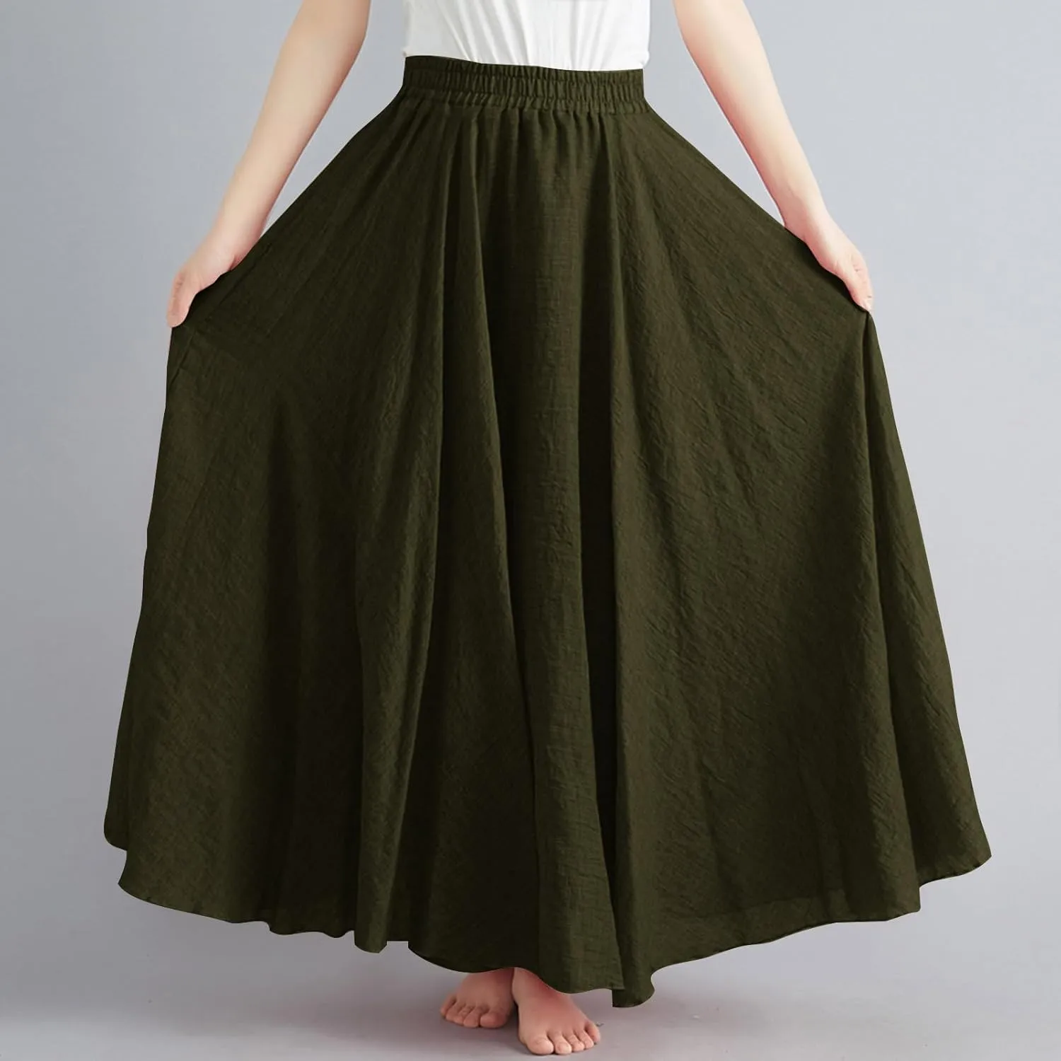 Women's Linen Maxi Skirts High Waist Ankle Length Skirt Solid Color Loose Casual Skirt Summer Flowy Long Skirts