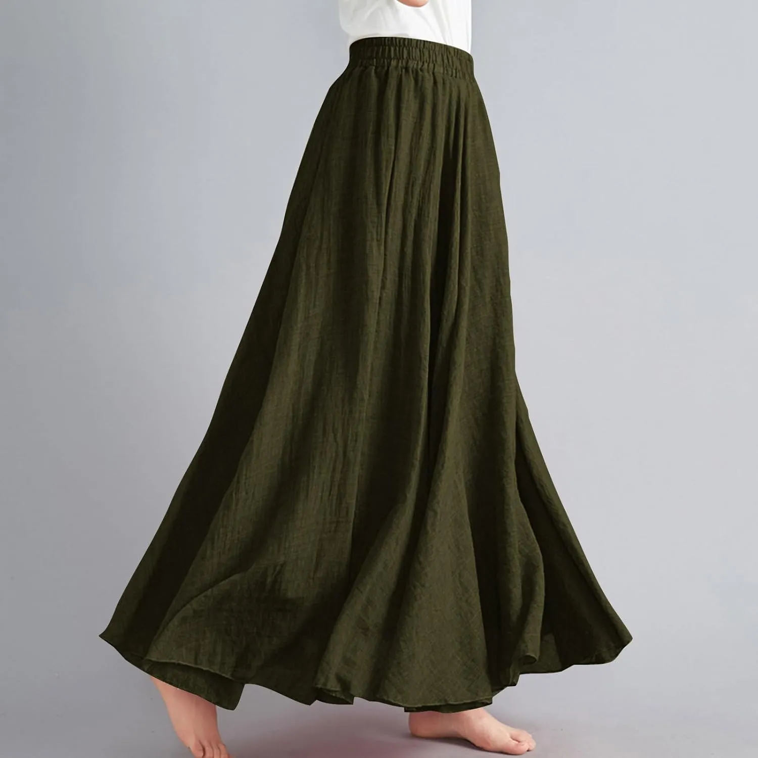 Women's Linen Maxi Skirts High Waist Ankle Length Skirt Solid Color Loose Casual Skirt Summer Flowy Long Skirts