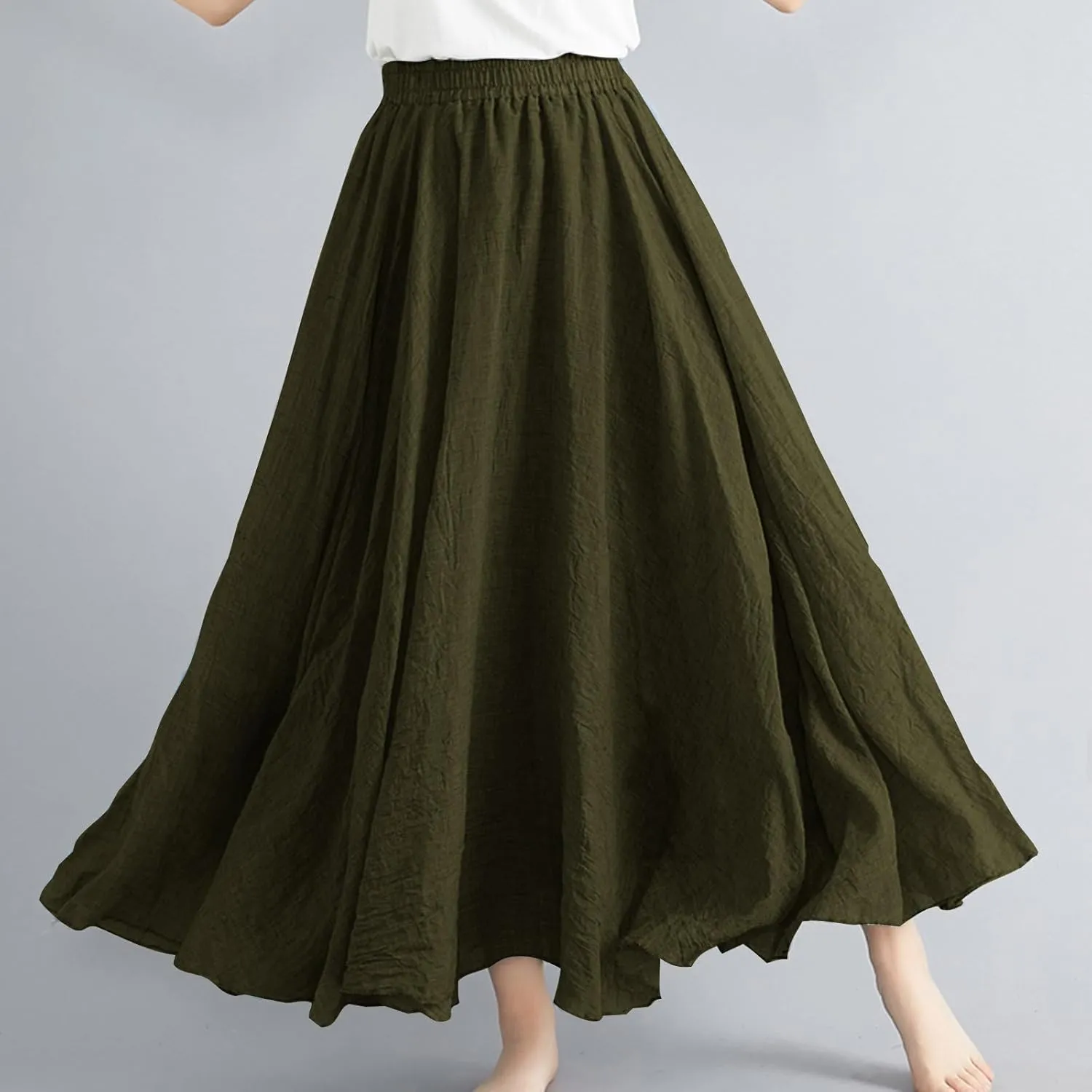 Women's Linen Maxi Skirts High Waist Ankle Length Skirt Solid Color Loose Casual Skirt Summer Flowy Long Skirts