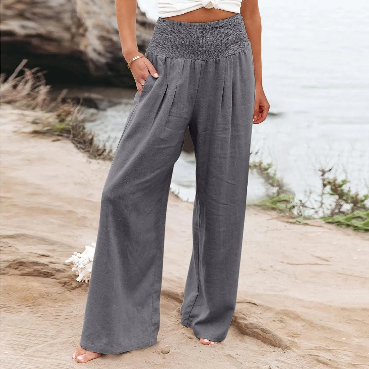 Womens Linen Palazzo Pants Wide Leg Boho Beach Pants High Waisted Flowy Pants Summer Lightweight Plus Size Trousers