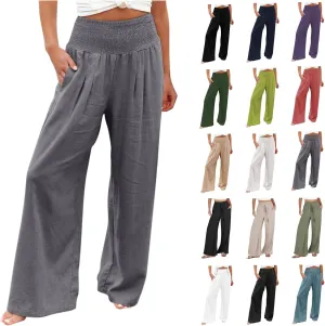Womens Linen Palazzo Pants Wide Leg Boho Beach Pants High Waisted Flowy Pants Summer Lightweight Plus Size Trousers
