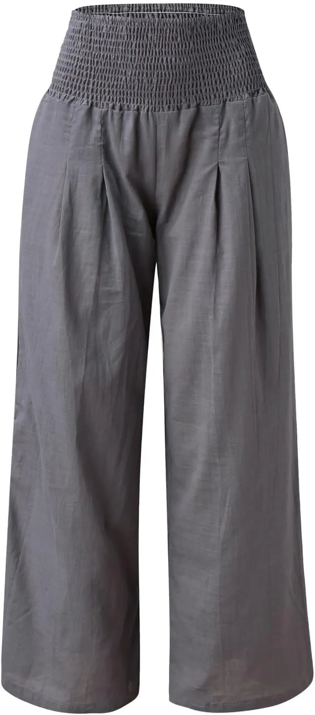 Womens Linen Palazzo Pants Wide Leg Boho Beach Pants High Waisted Flowy Pants Summer Lightweight Plus Size Trousers