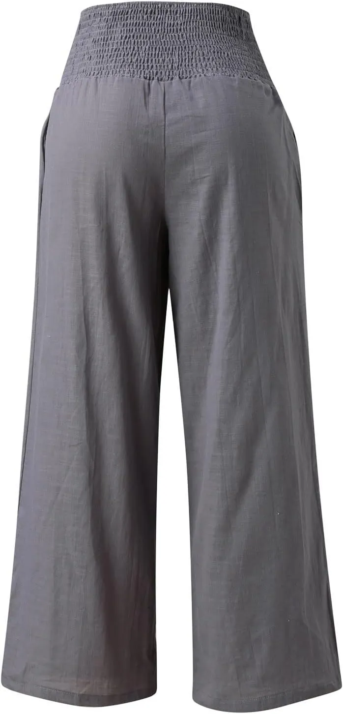 Womens Linen Palazzo Pants Wide Leg Boho Beach Pants High Waisted Flowy Pants Summer Lightweight Plus Size Trousers