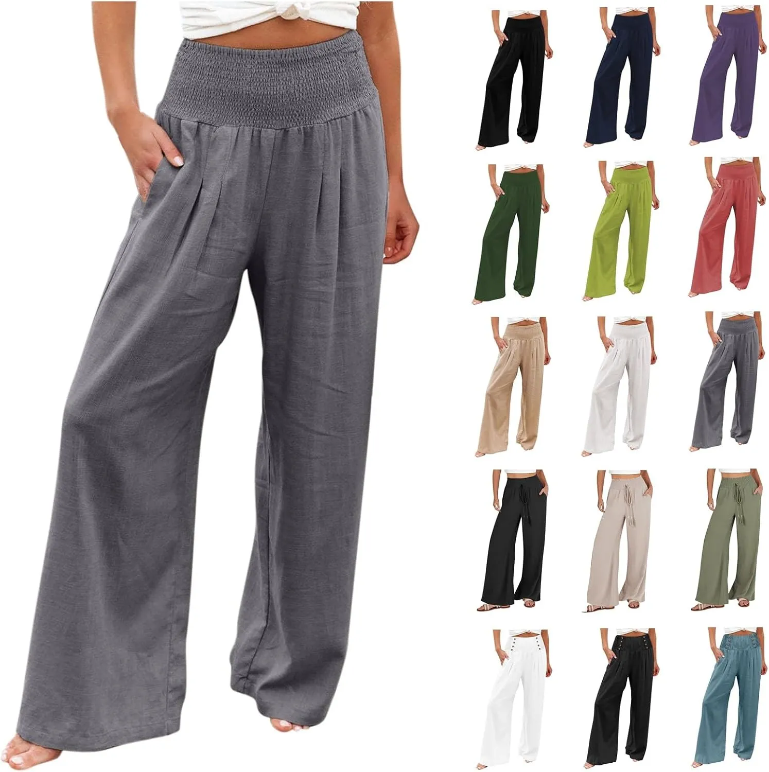 Womens Linen Palazzo Pants Wide Leg Boho Beach Pants High Waisted Flowy Pants Summer Lightweight Plus Size Trousers