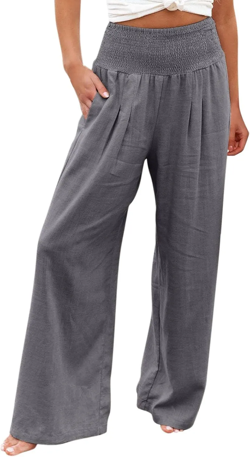 Womens Linen Palazzo Pants Wide Leg Boho Beach Pants High Waisted Flowy Pants Summer Lightweight Plus Size Trousers