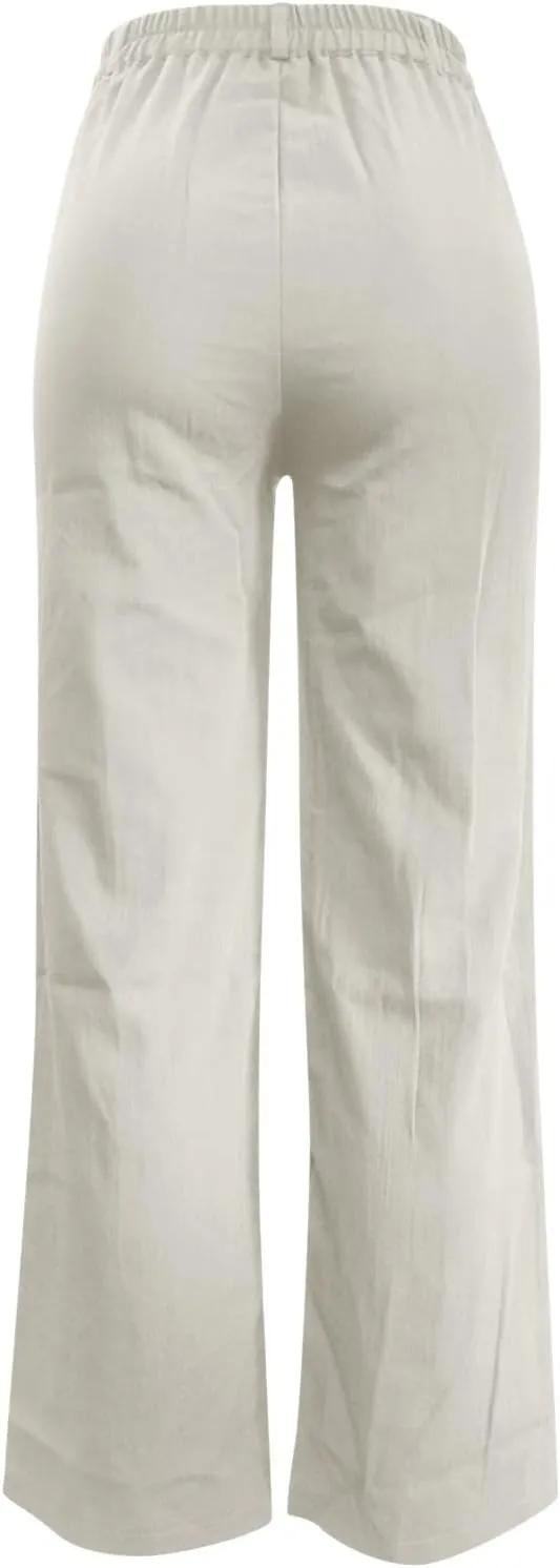 Womens Linen Pants Soft Solid High Waisted Wide Leg Cotton Lounge Pants Casual Loose Fit Straight Leg Trousers with Pockets