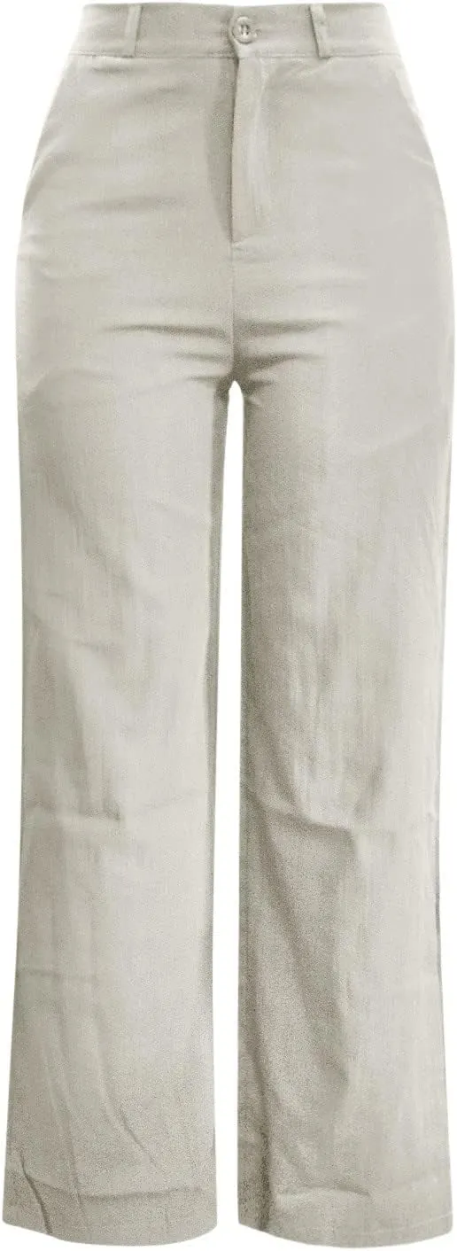 Womens Linen Pants Soft Solid High Waisted Wide Leg Cotton Lounge Pants Casual Loose Fit Straight Leg Trousers with Pockets