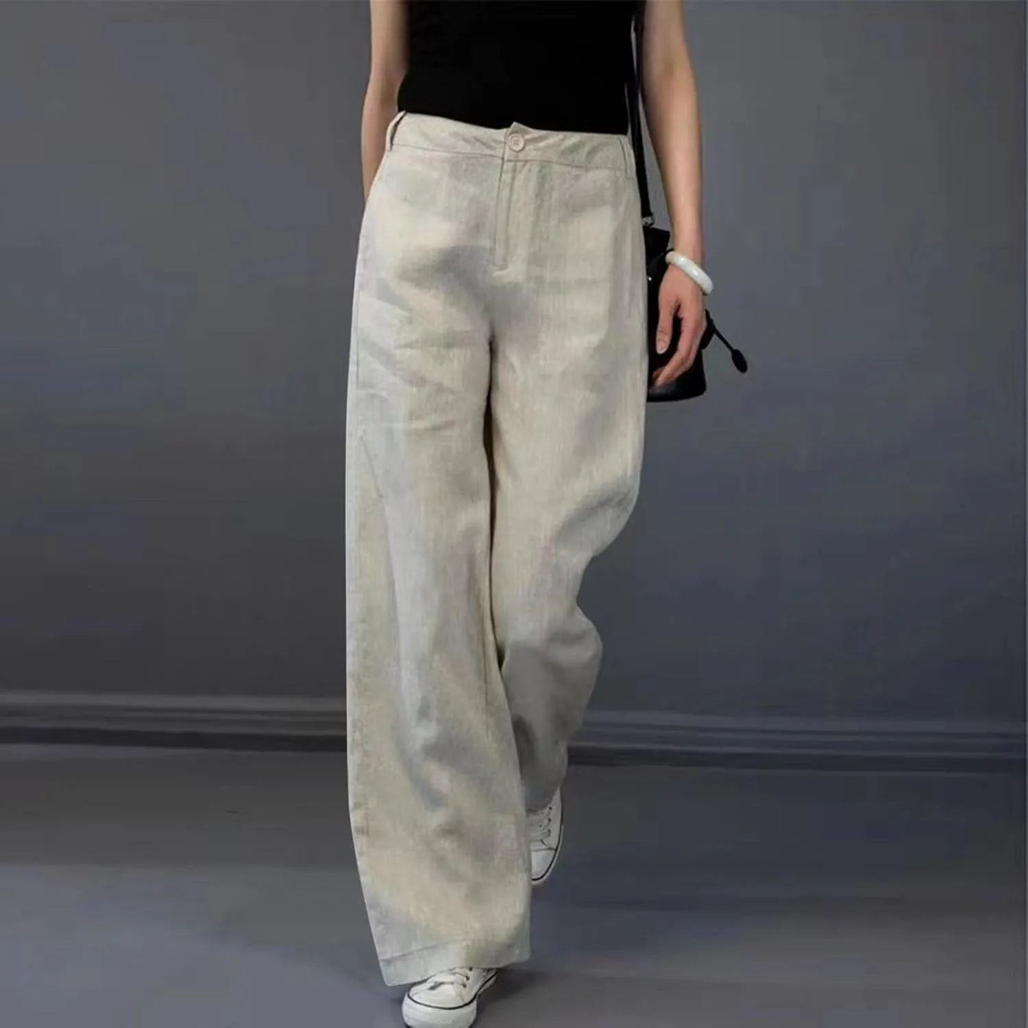 Womens Linen Pants Soft Solid High Waisted Wide Leg Cotton Lounge Pants Casual Loose Fit Straight Leg Trousers with Pockets