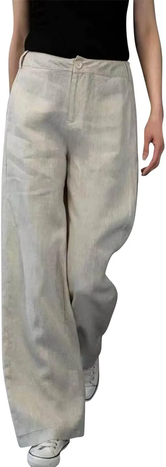 Womens Linen Pants Soft Solid High Waisted Wide Leg Cotton Lounge Pants Casual Loose Fit Straight Leg Trousers with Pockets