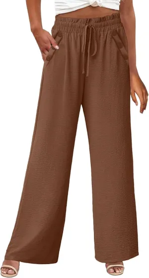 Womens Linen Pants Soild Color High Waisted Straight Wide Leg Drawstring Casual Loose Trousers with Pockets