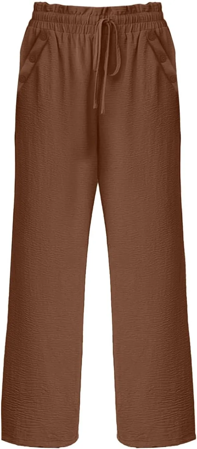 Womens Linen Pants Soild Color High Waisted Straight Wide Leg Drawstring Casual Loose Trousers with Pockets