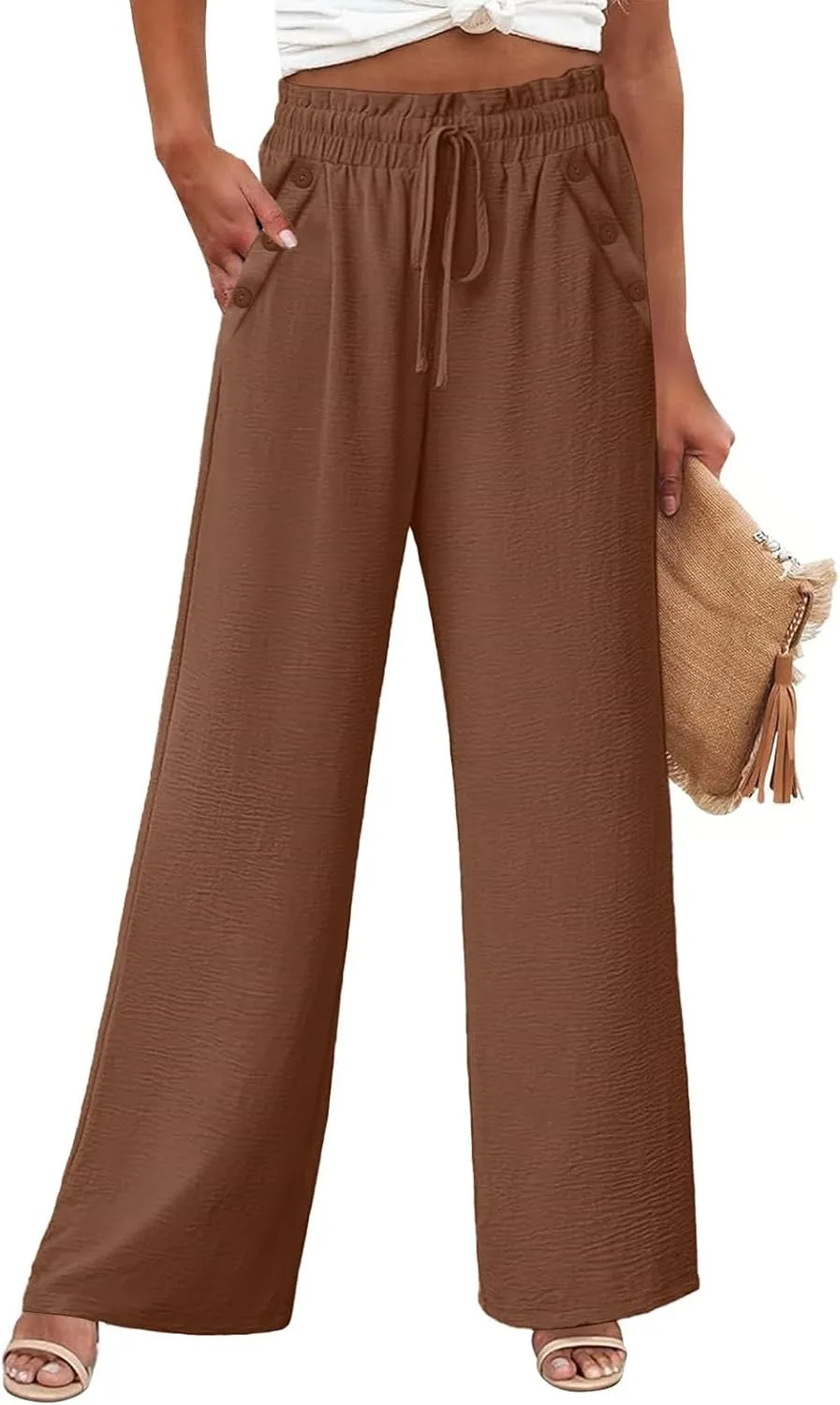 Womens Linen Pants Soild Color High Waisted Straight Wide Leg Drawstring Casual Loose Trousers with Pockets