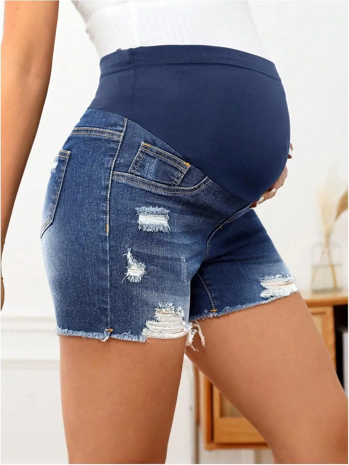 Women's Maternity Ripped Raw Hem Skinny Shorts Elastic Waist Jeans Pregnant Denim Shorts