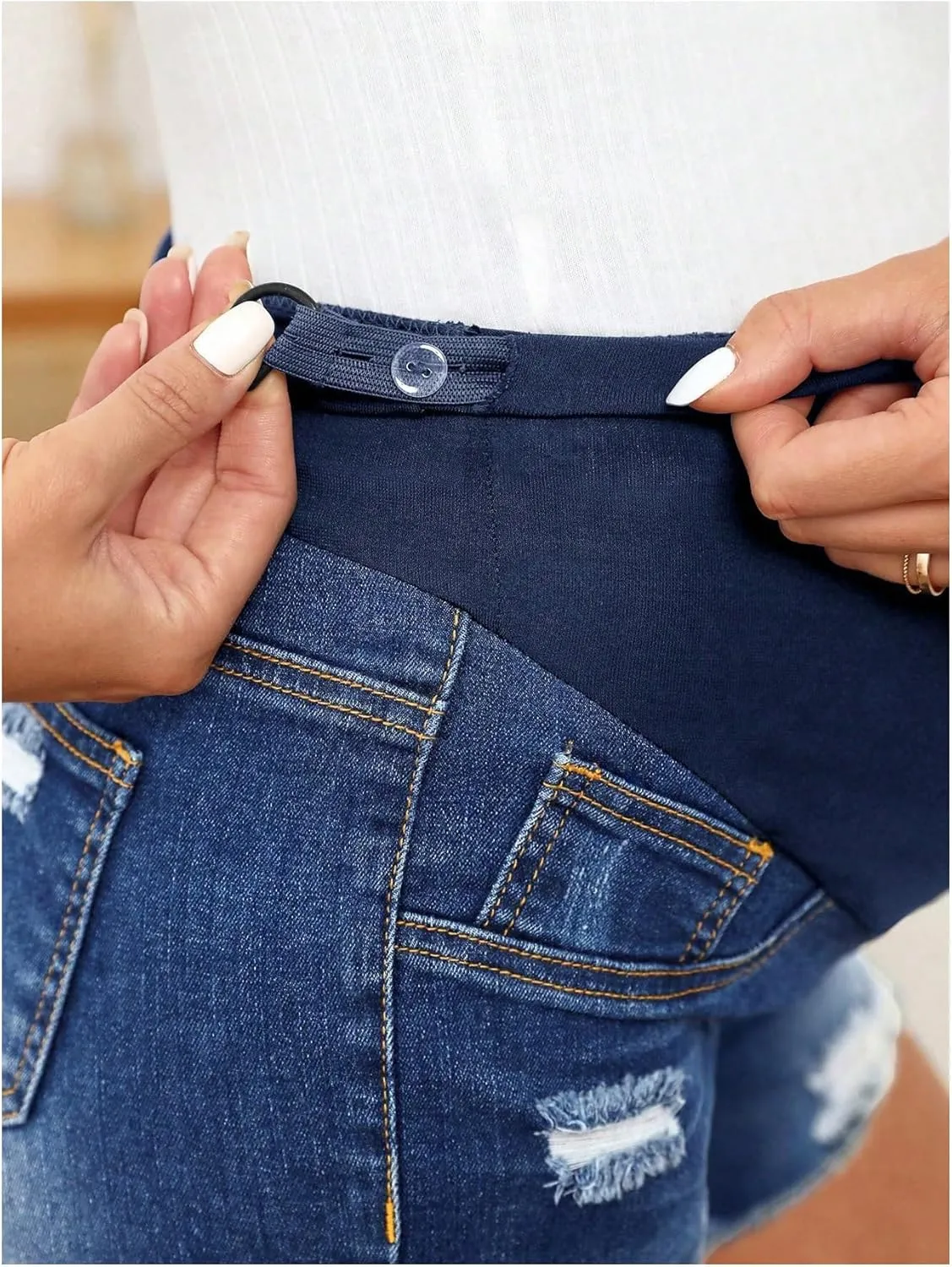 Women's Maternity Ripped Raw Hem Skinny Shorts Elastic Waist Jeans Pregnant Denim Shorts