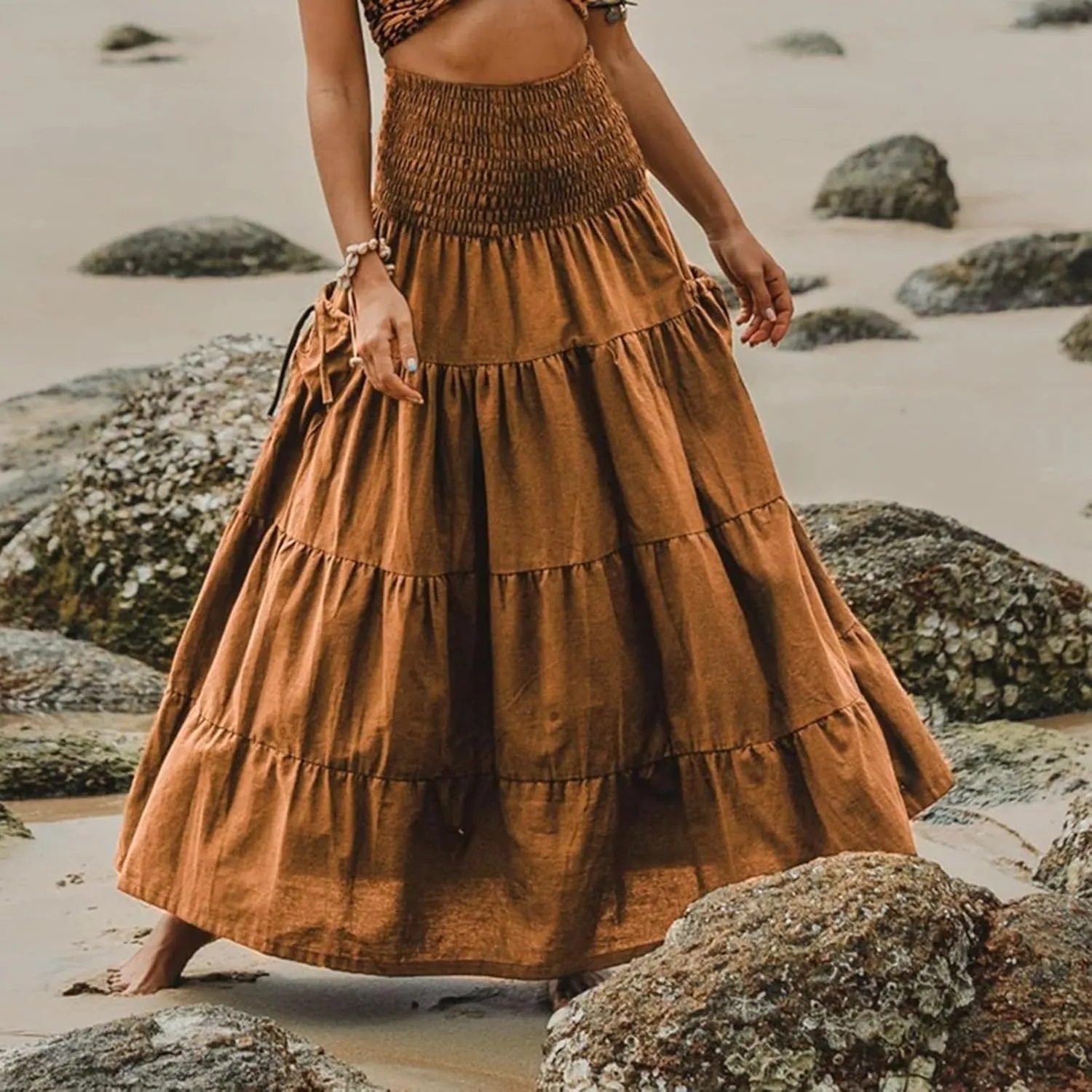 Women's Maxi Boho Skirt Long Pockets Hippie Bohemian Elastic Waist Gypsy Skirt Summer Flowy Pleated Tiered A Line Skirts