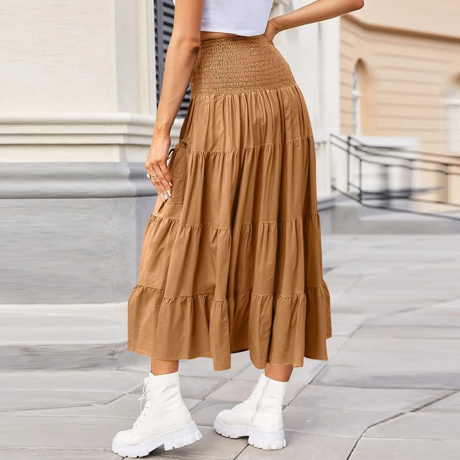 Women's Maxi Boho Skirt Long Pockets Hippie Bohemian Elastic Waist Gypsy Skirt Summer Flowy Pleated Tiered A Line Skirts