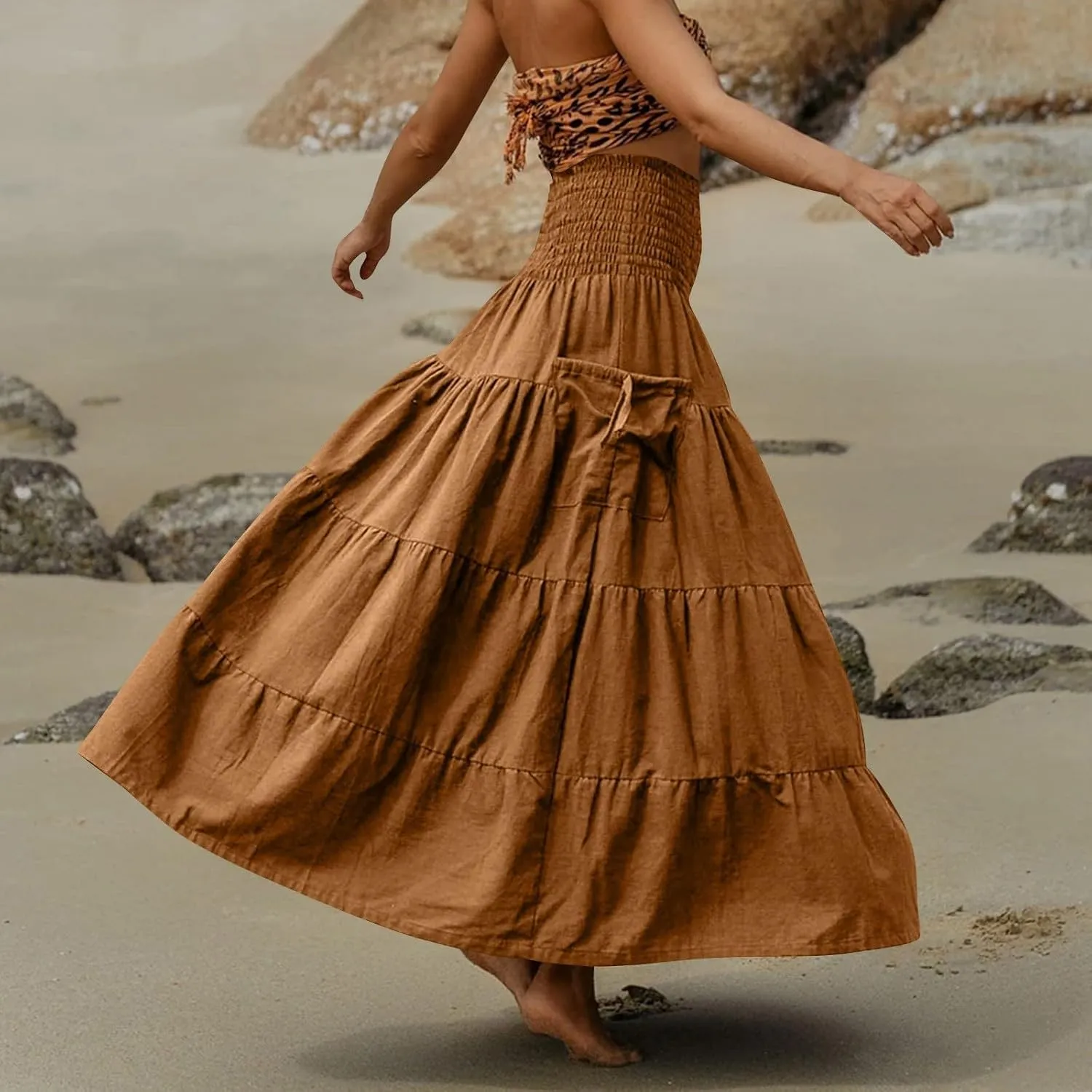 Women's Maxi Boho Skirt Long Pockets Hippie Bohemian Elastic Waist Gypsy Skirt Summer Flowy Pleated Tiered A Line Skirts