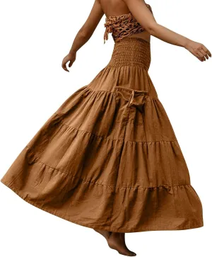 Women's Maxi Boho Skirt Long Pockets Hippie Bohemian Elastic Waist Gypsy Skirt Summer Flowy Pleated Tiered A Line Skirts