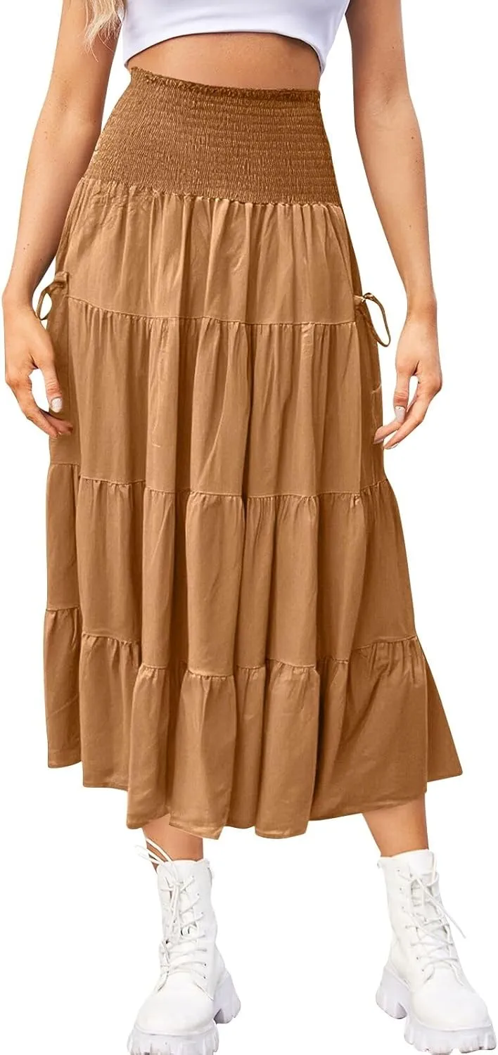 Women's Maxi Boho Skirt Long Pockets Hippie Bohemian Elastic Waist Gypsy Skirt Summer Flowy Pleated Tiered A Line Skirts