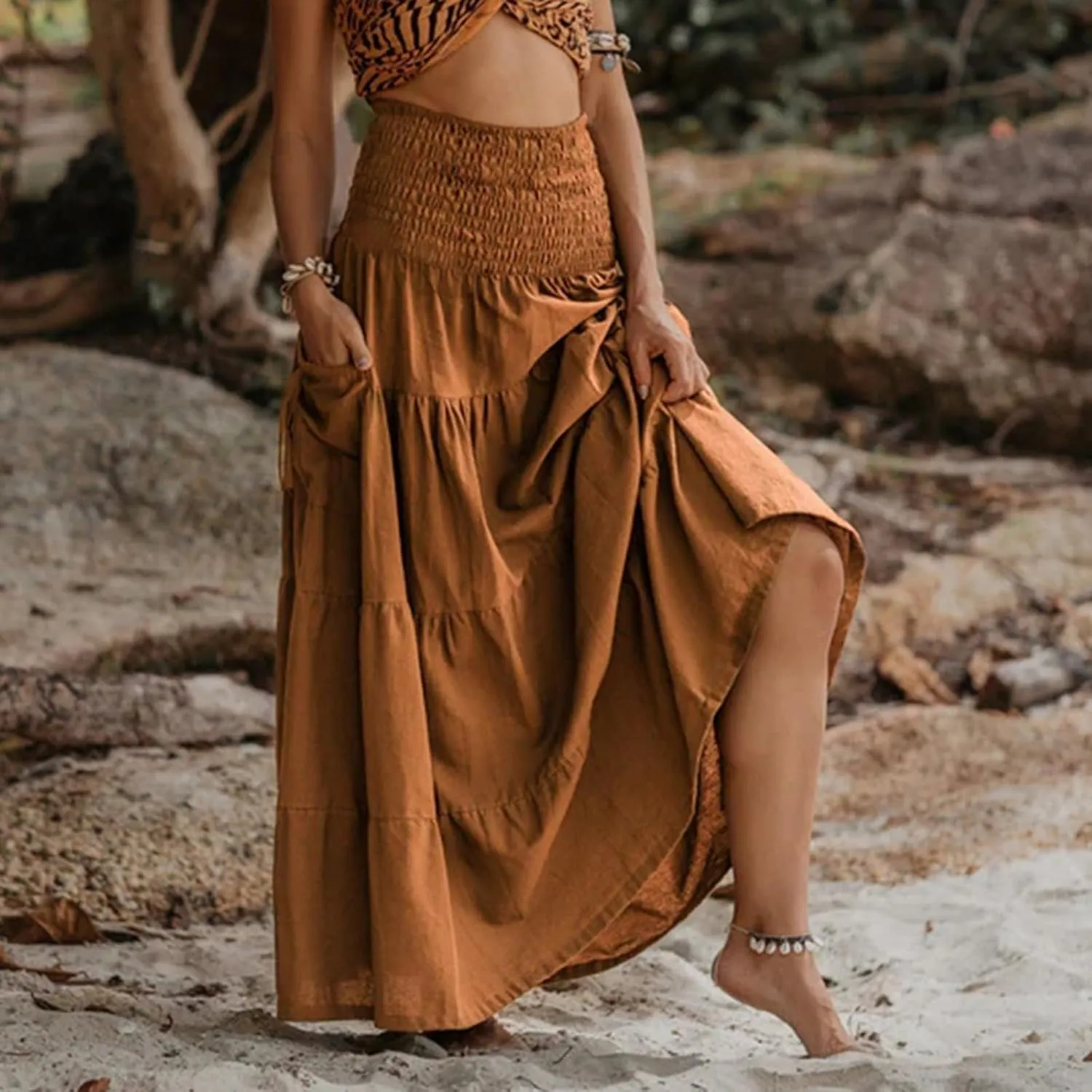 Women's Maxi Boho Skirt Long Pockets Hippie Bohemian Elastic Waist Gypsy Skirt Summer Flowy Pleated Tiered A Line Skirts