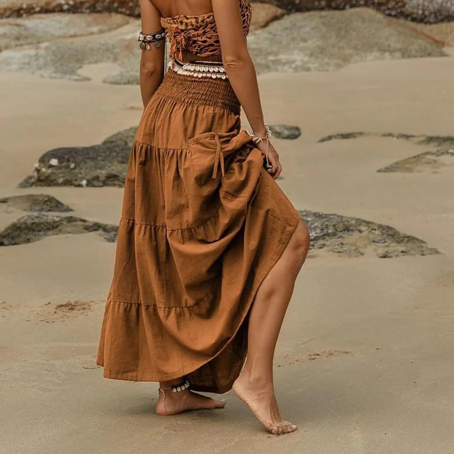 Women's Maxi Boho Skirt Long Pockets Hippie Bohemian Elastic Waist Gypsy Skirt Summer Flowy Pleated Tiered A Line Skirts