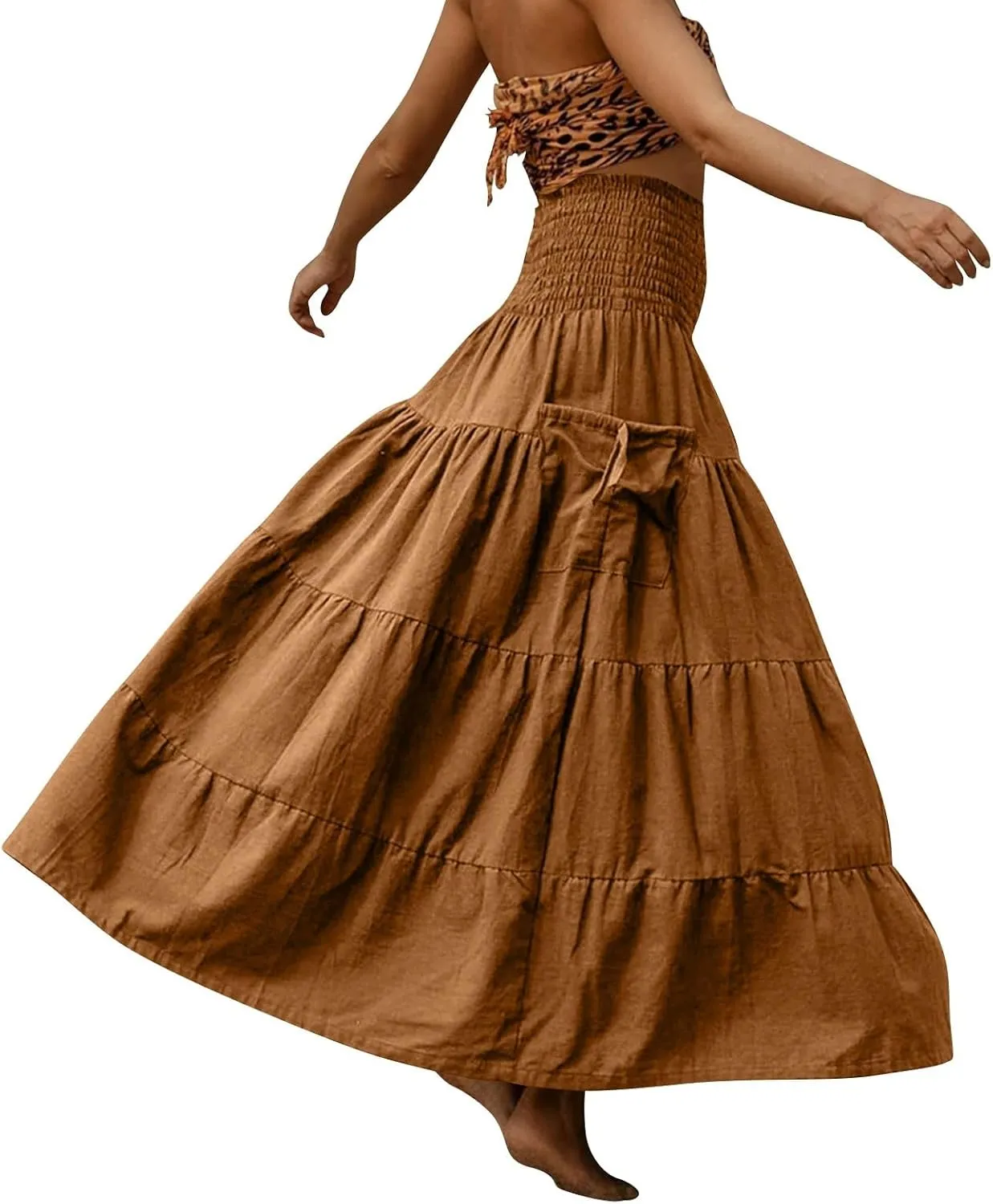 Women's Maxi Boho Skirt Long Pockets Hippie Bohemian Elastic Waist Gypsy Skirt Summer Flowy Pleated Tiered A Line Skirts