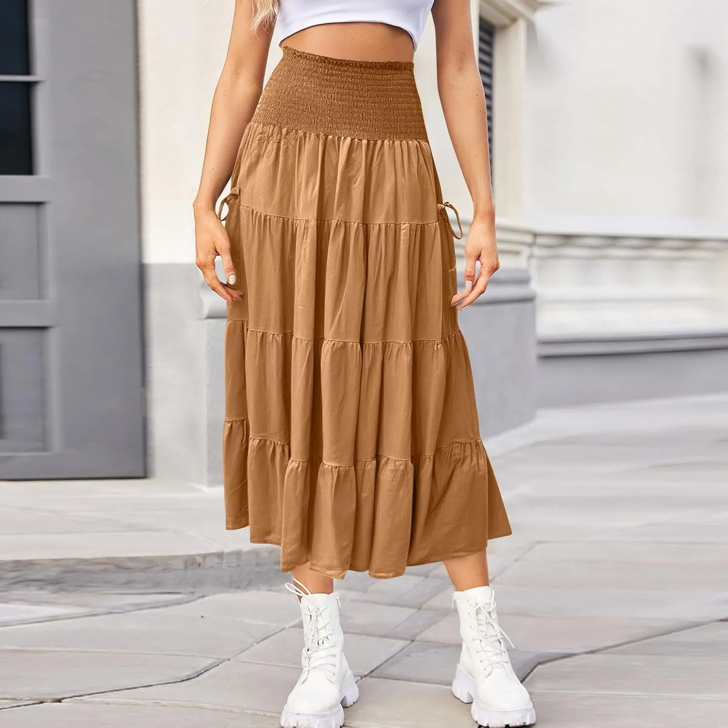 Women's Maxi Boho Skirt Long Pockets Hippie Bohemian Elastic Waist Gypsy Skirt Summer Flowy Pleated Tiered A Line Skirts