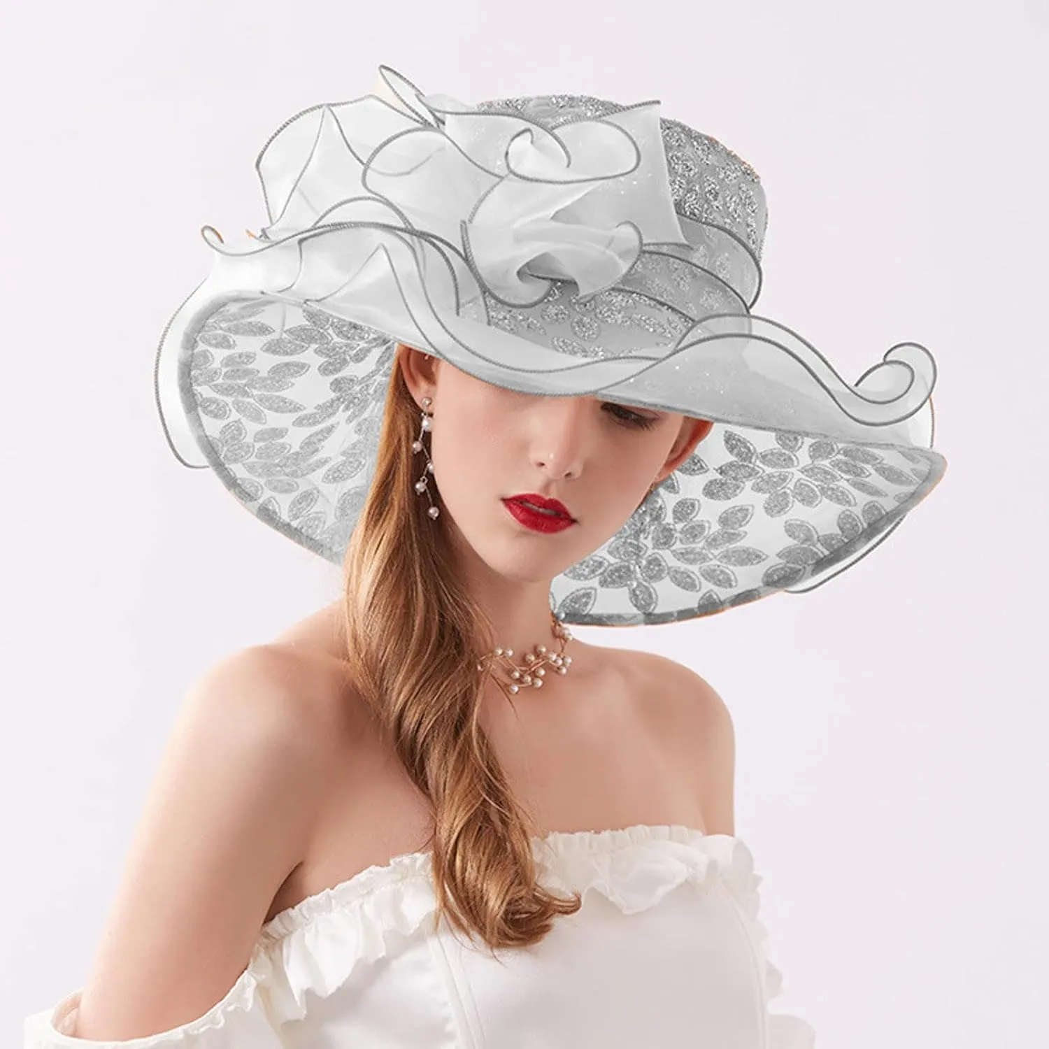Women's Organza Sun Hat Flower ChurchDerby Fascinator Wide Brim Bridal British Wedding Tea Party Bucket Hats