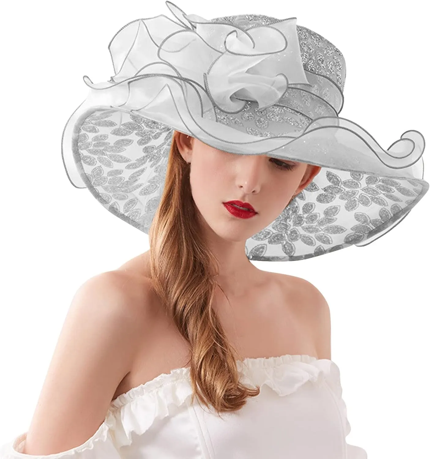 Women's Organza Sun Hat Flower ChurchDerby Fascinator Wide Brim Bridal British Wedding Tea Party Bucket Hats