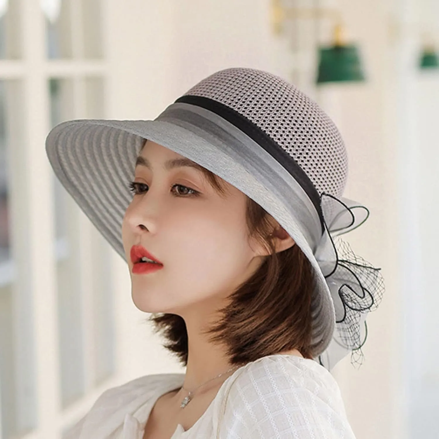 Women's Party 𝐊entucky Church 𝐃erby Hat Organza Sun Cap Ladies Flowers Fascinators Big Wide Brim UV Protection Hats