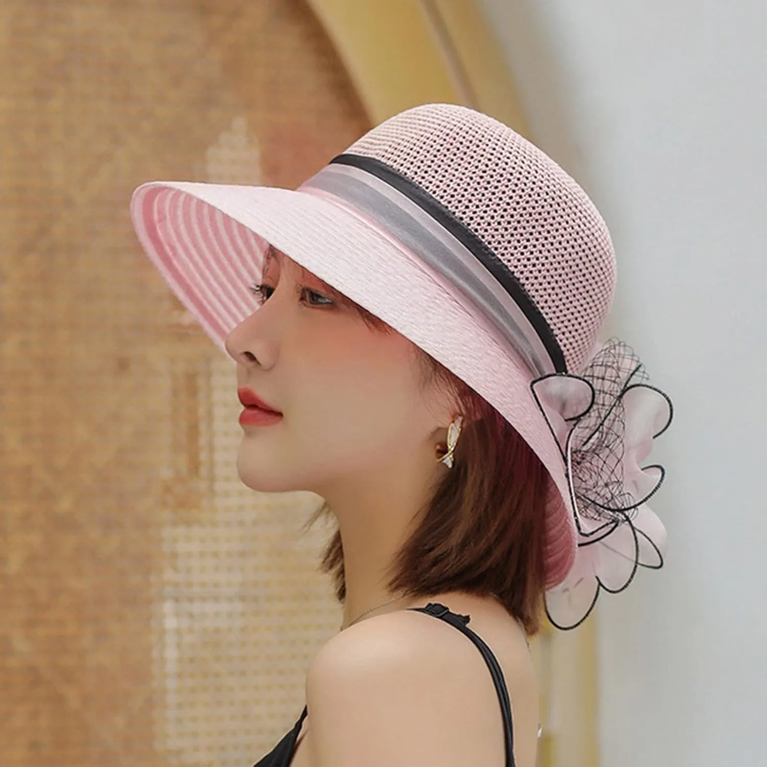 Women's Party 𝐊entucky Church 𝐃erby Hat Organza Sun Cap Ladies Flowers Fascinators Big Wide Brim UV Protection Hats