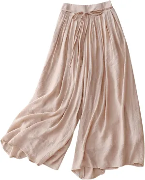 Womens Pleated Vintage Pants Baggy Wide Leg Lined Cropped Trousers Double Layered Drawstring Solid Color Linen Pants