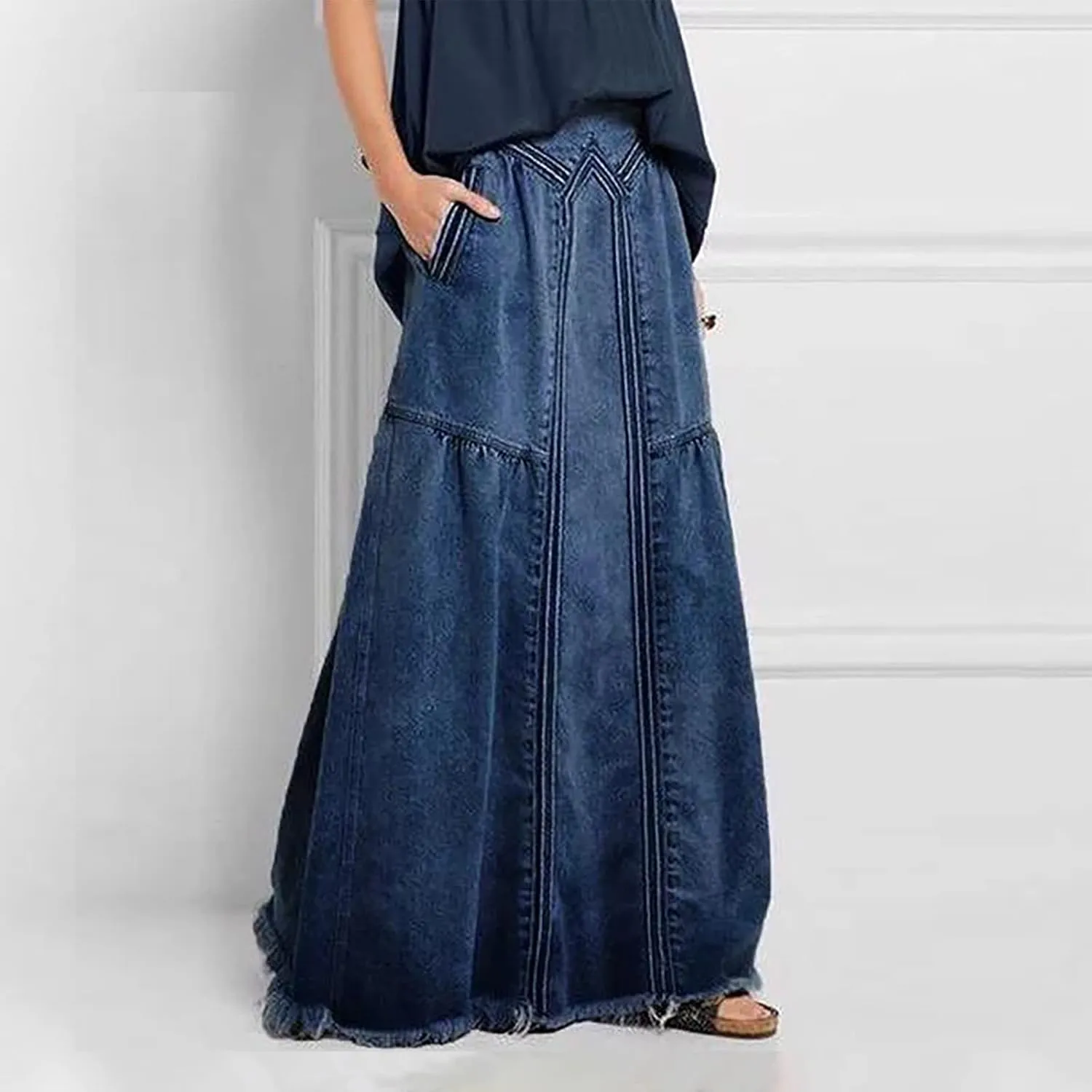 Women's Plus Size Denim Maxi Skirts with Frayed Hem, Pockets, Elastic Waist Stylish Casual Ankle Length Jean Skirt