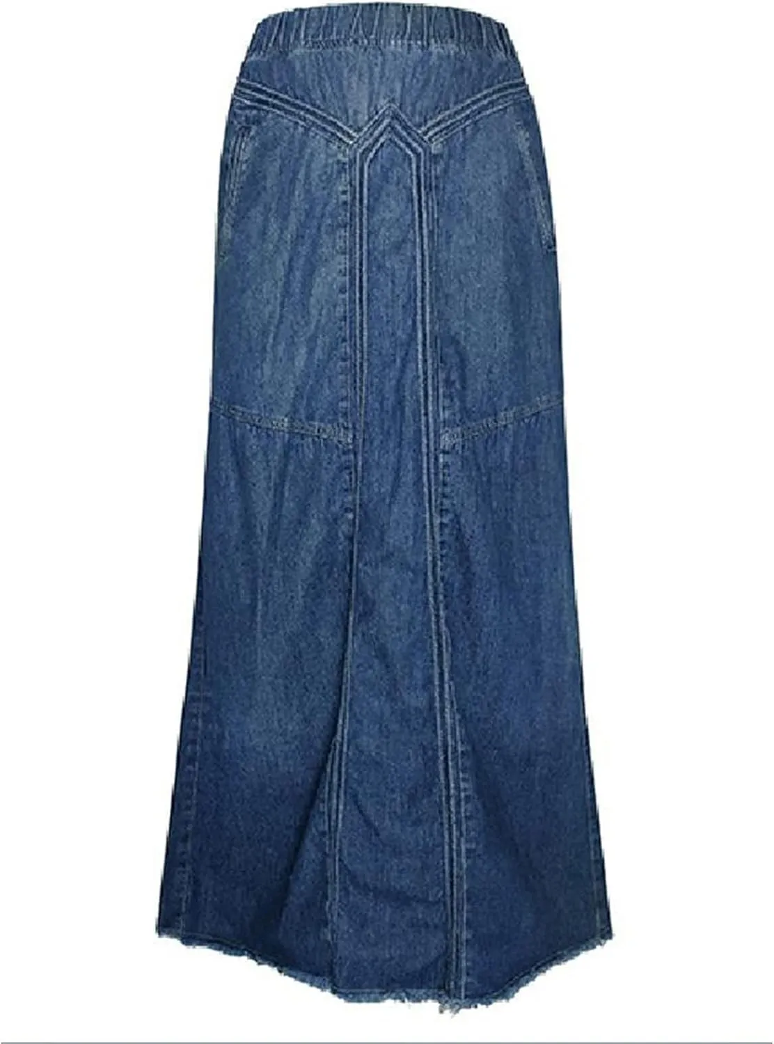 Women's Plus Size Denim Maxi Skirts with Frayed Hem, Pockets, Elastic Waist Stylish Casual Ankle Length Jean Skirt